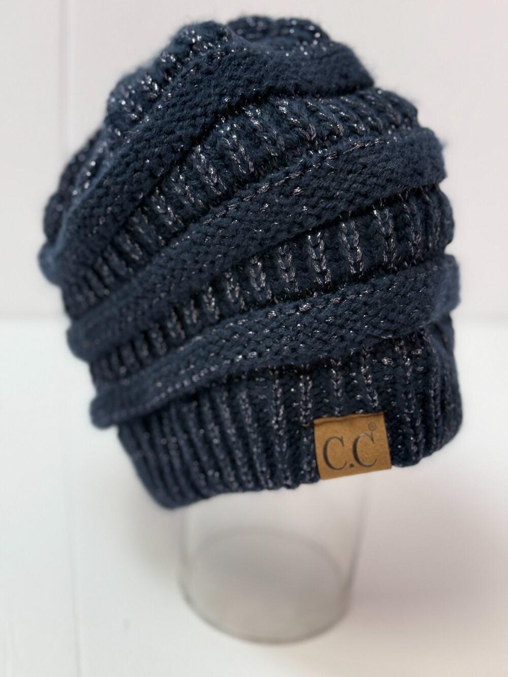 Navy Slouchy Knit Beanie Metallic Thread Cozy Winter Warm CC Hat